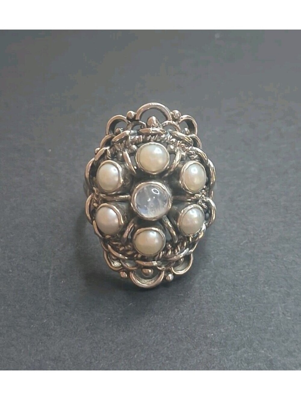 925 Sterling Silver Vintage Moonstone & Pearl Bezel Cluster Ring Size 8 RARE